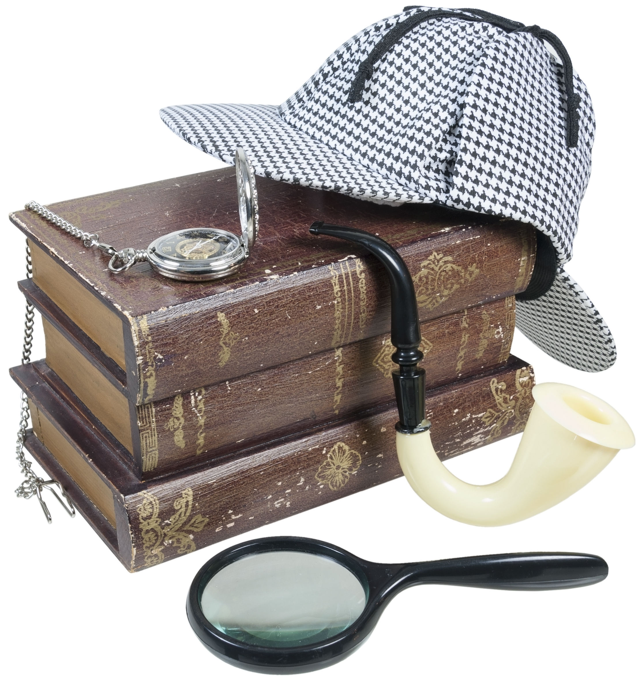 Mystery Books with Deerstalker Cap, Magnifier, Pipe and Pocket Watch - path included